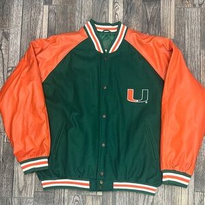🔥🏈 Vintage MIAMI HURRICANES Embroidered College VARSITY JACKET Wool/Pleather 2XL